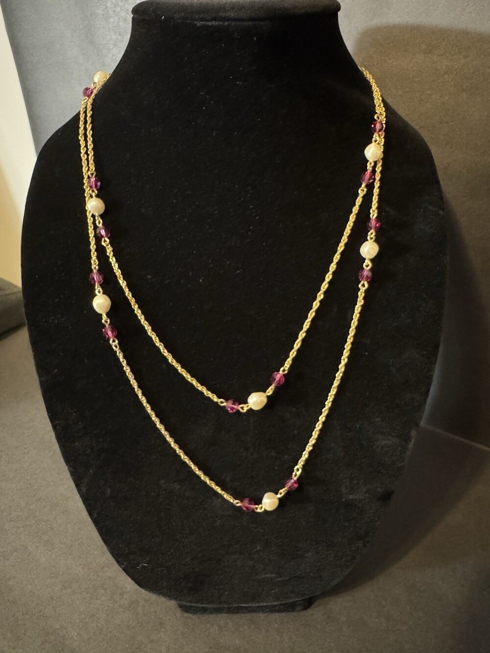 Authentic Vintage Givenchy 4G LogoPearl & Purple Crystal Double StrandNecklace